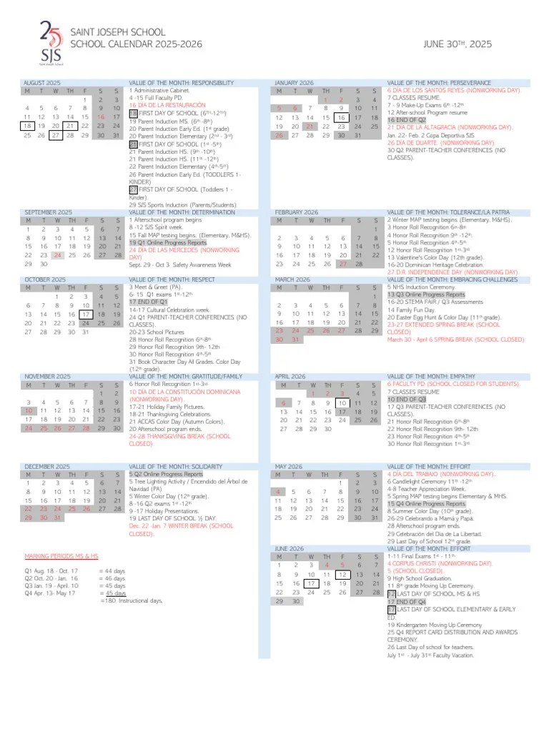 SJS School Calendar 202526 PDF Observances Secular Holidays
