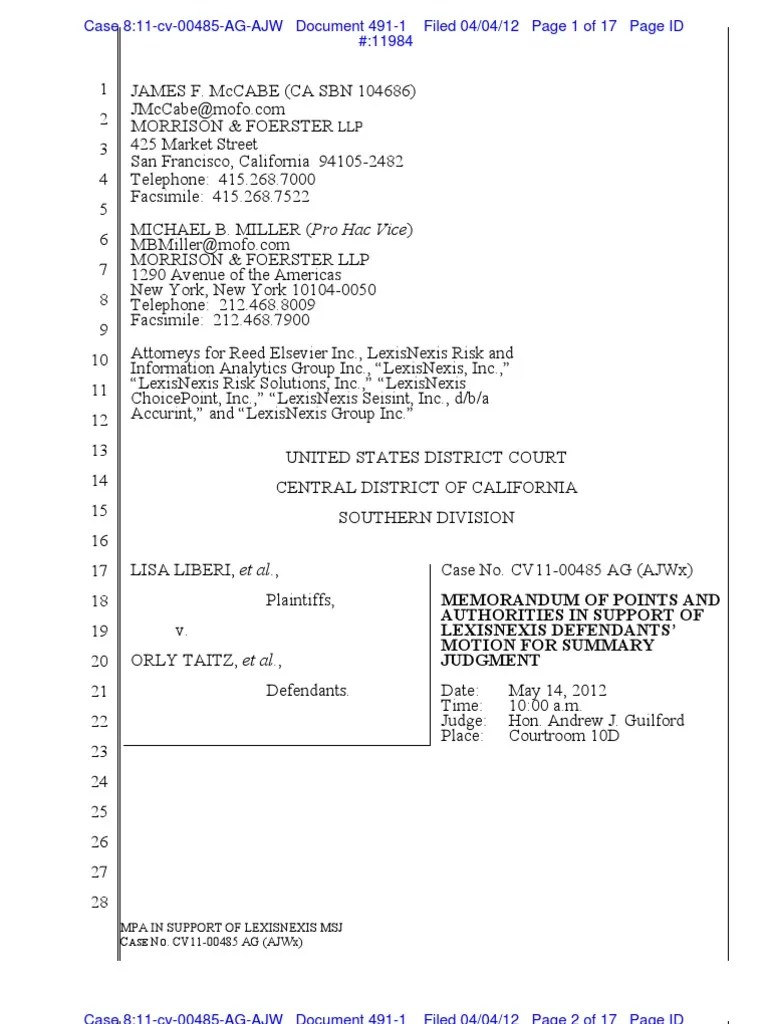 Memorandum of Points and Authorities in Support of LexisNexis