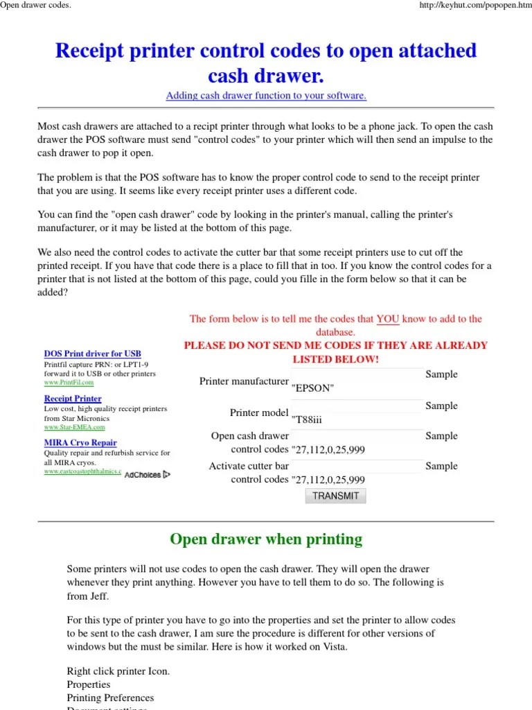 Open Drawer Codes Printer Office Work