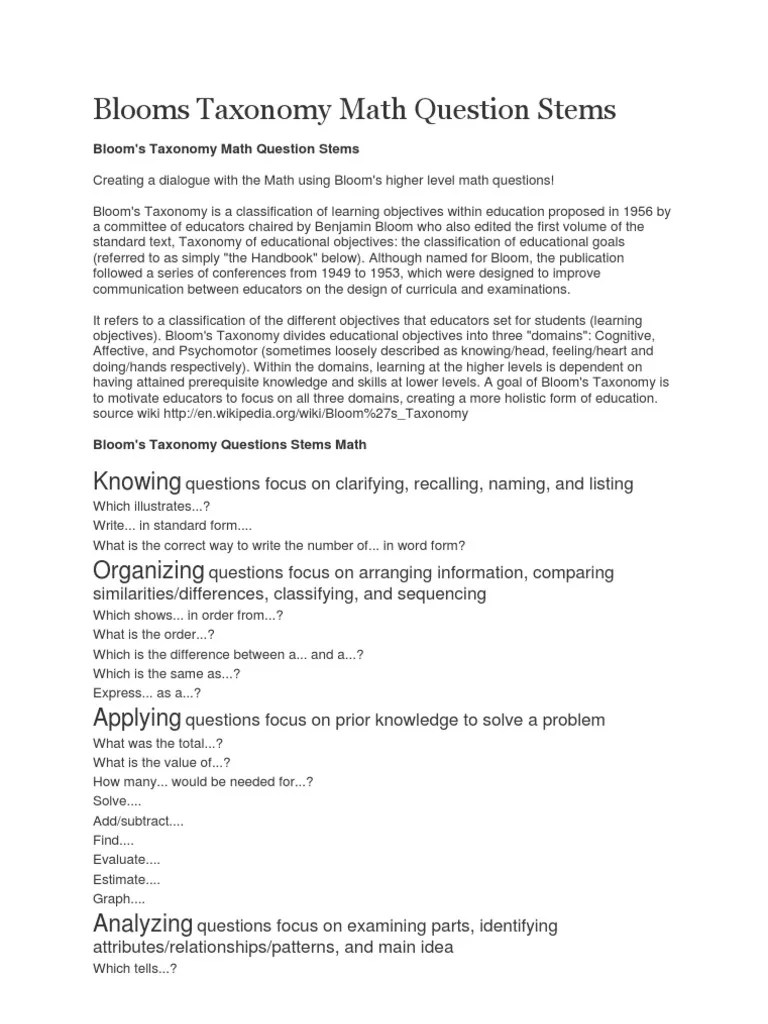 Blooms Taxonomy Math Question Stems PDF Behavioural Sciences