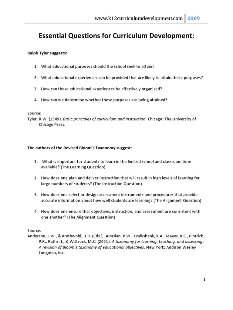 Essential Questions for Curriculum Development Curriculum
