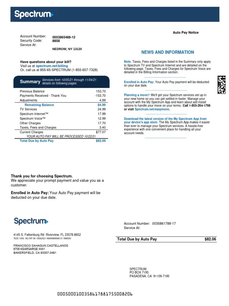 Spectrum Bill Summary and Auto Pay Details PDF Payments(09)
