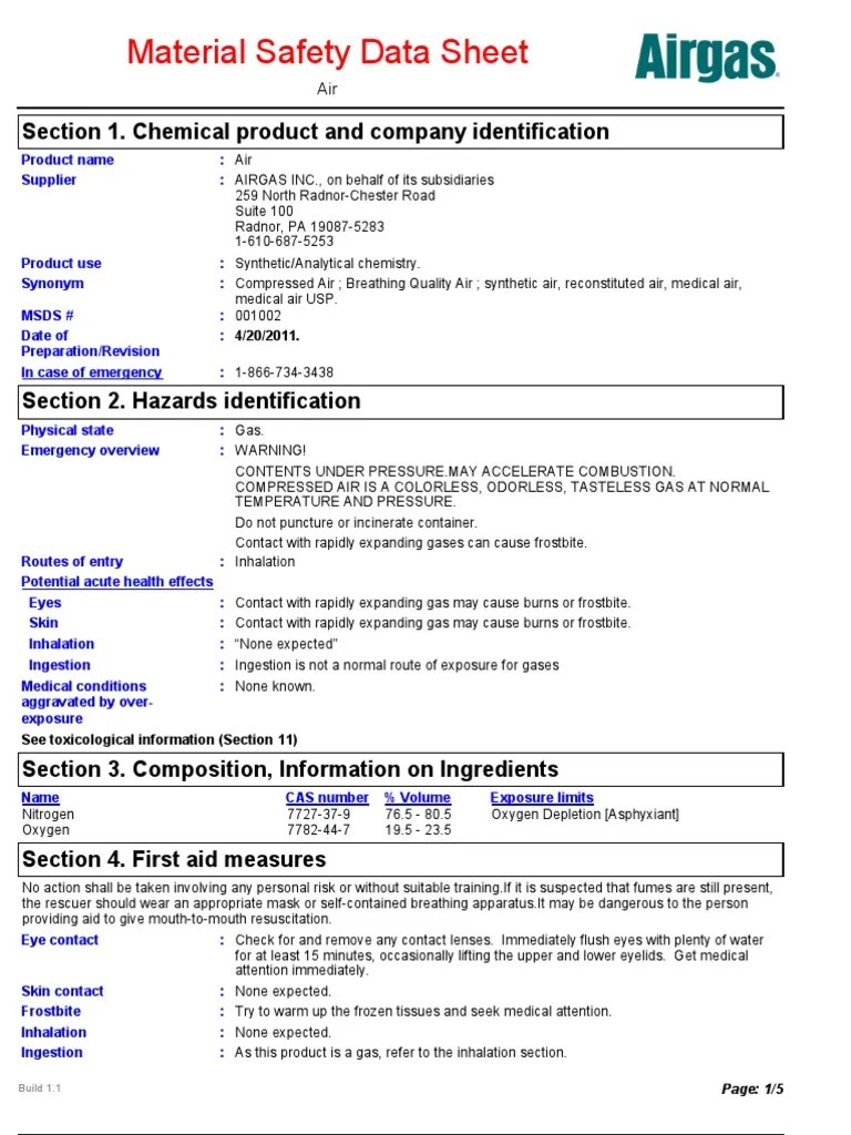 Compressed Air Gas Msds Dangerous Goods Oxygen