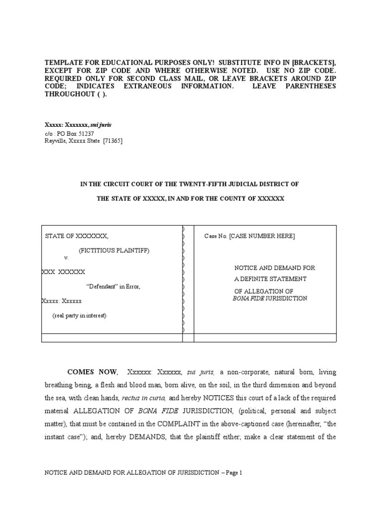 Allegation of Jurisdiction Template Virginia Circuit Court
