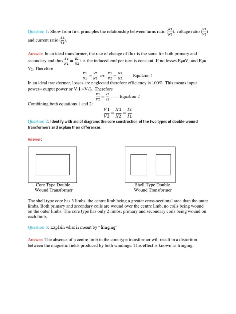 Transformer Theory Questions and Answers PDF Transformer Inductor