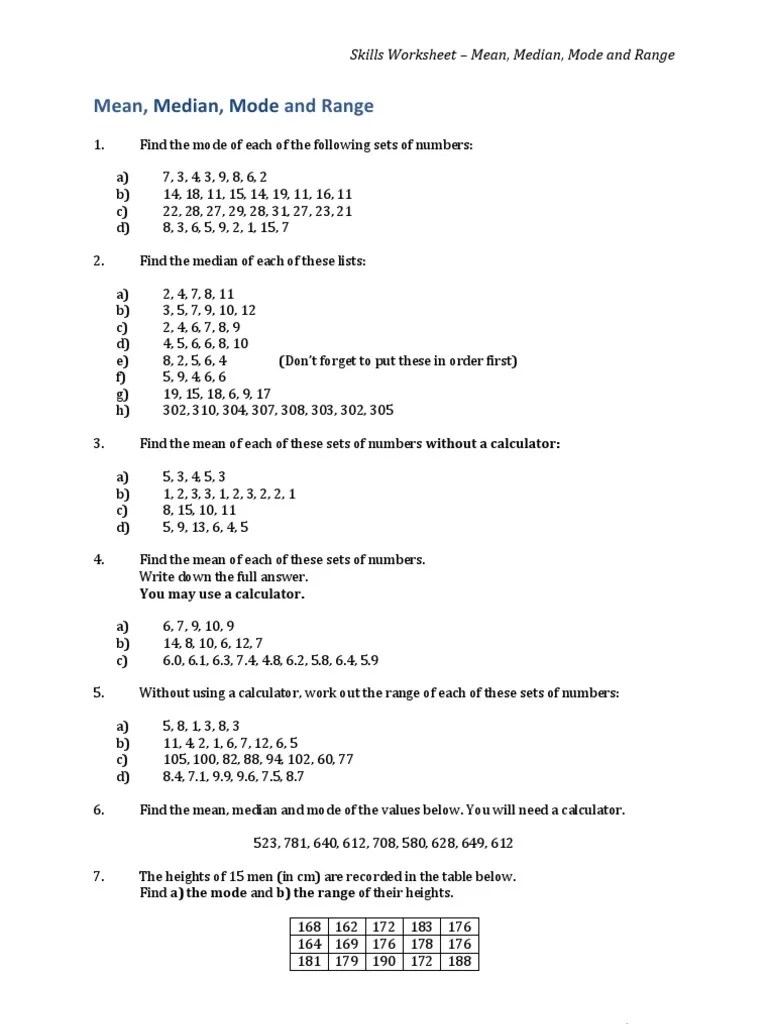 Mean, Median, Mode and Range Worksheet