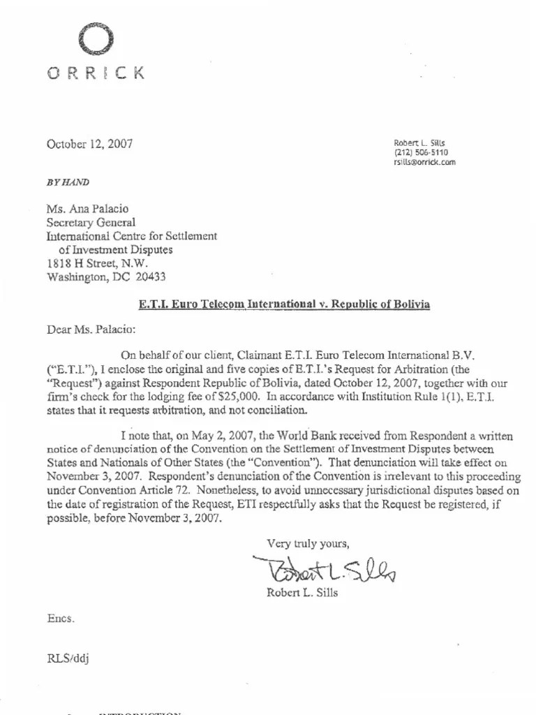 071012 ETI Request for Arbitration 1 Treaty Arbitration