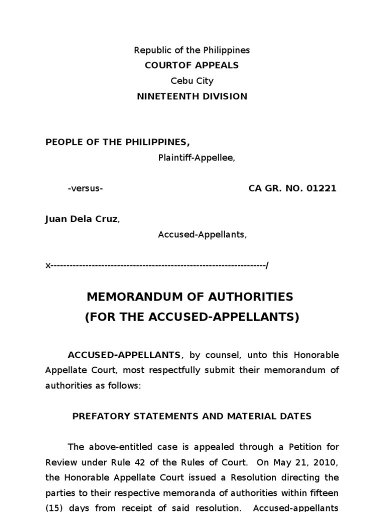 Memorandum of Authorities Lawsuit Appeal