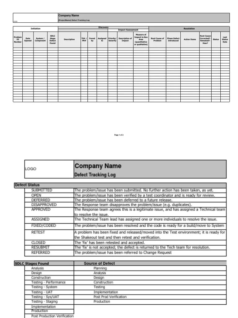 Defect Tracking Log TEMPLATE Systems Engineering Computing Free