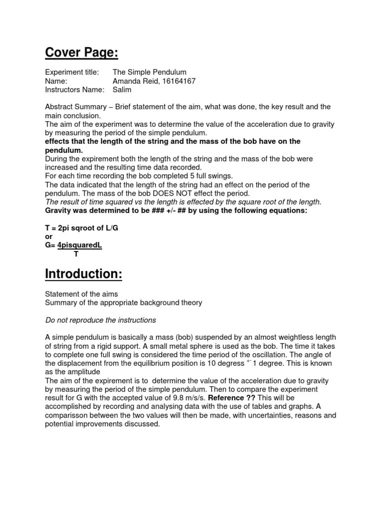 Lab Report 1 the Simple Pendulum Pendulum Uncertainty