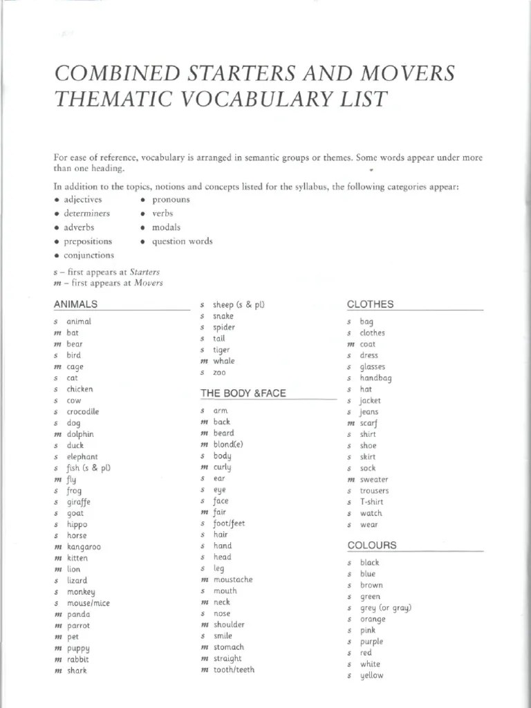 Movers Vocabulary List