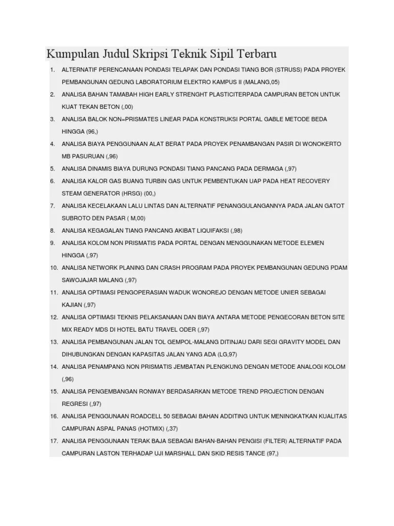 Kumpulan Judul Skripsi Teknik Sipil Terbaru | Pdf