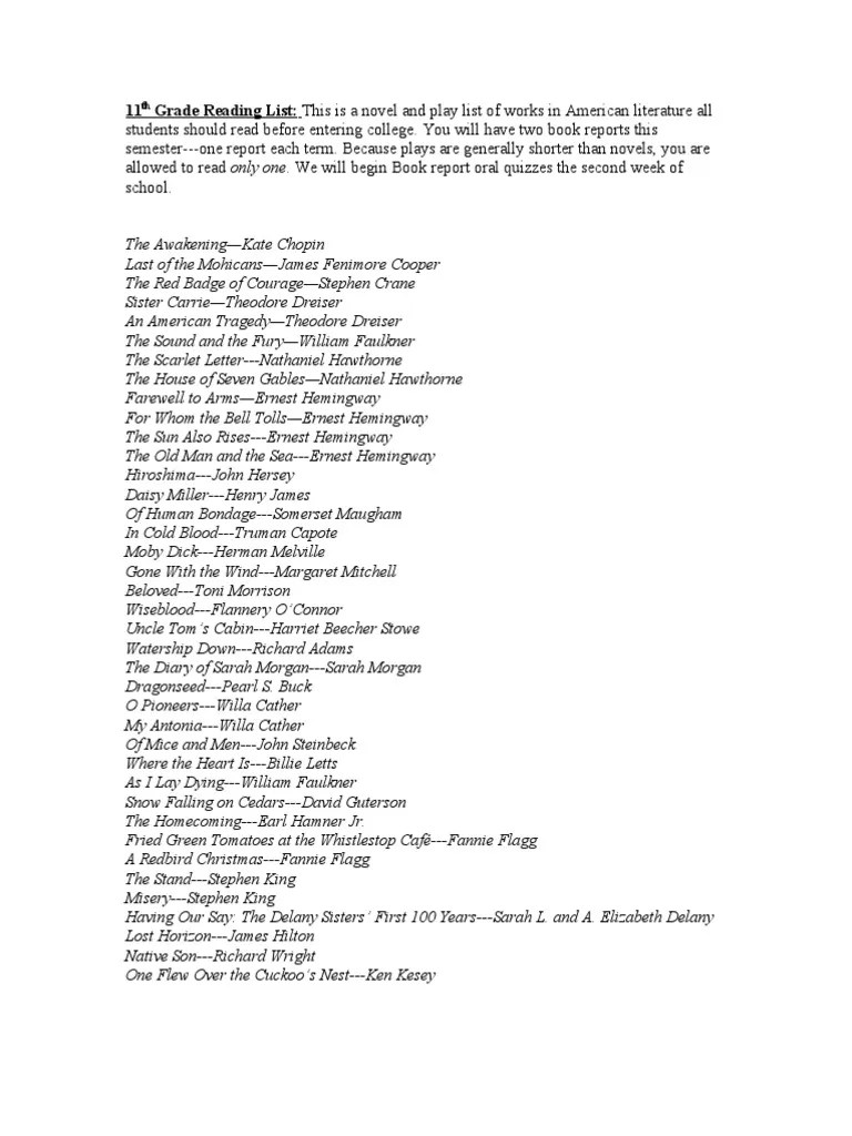 11th Grade Reading List | American Literature | Novels