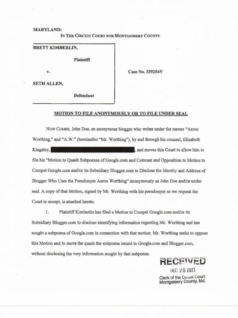 Motion to File Anonymously or Under Seal (OCR) Pro Se Legal