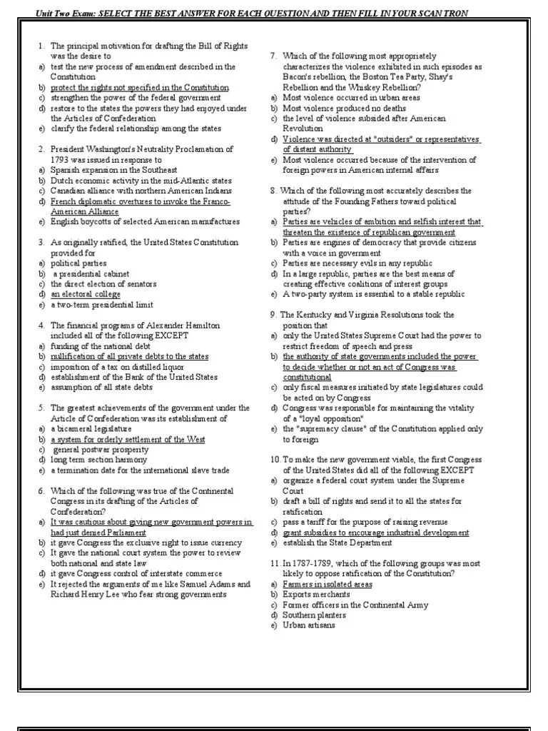 AP U.S. Unit 2 Exam + Answers United States Constitution Federalist