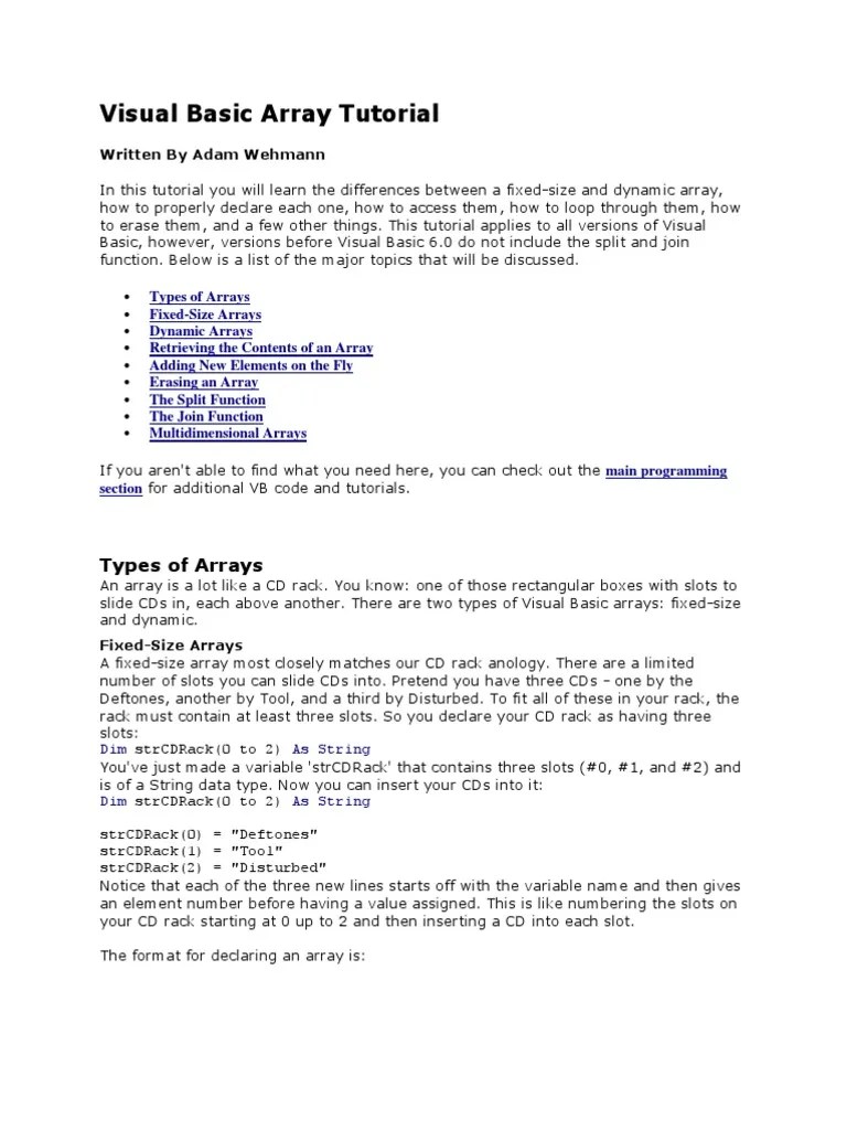 Visual Basic Array Tutorial Array Data Type String Science)