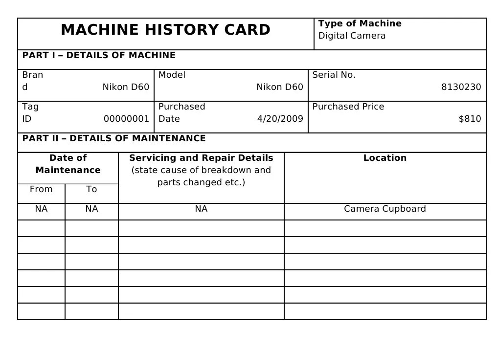 Machine History Card PDF