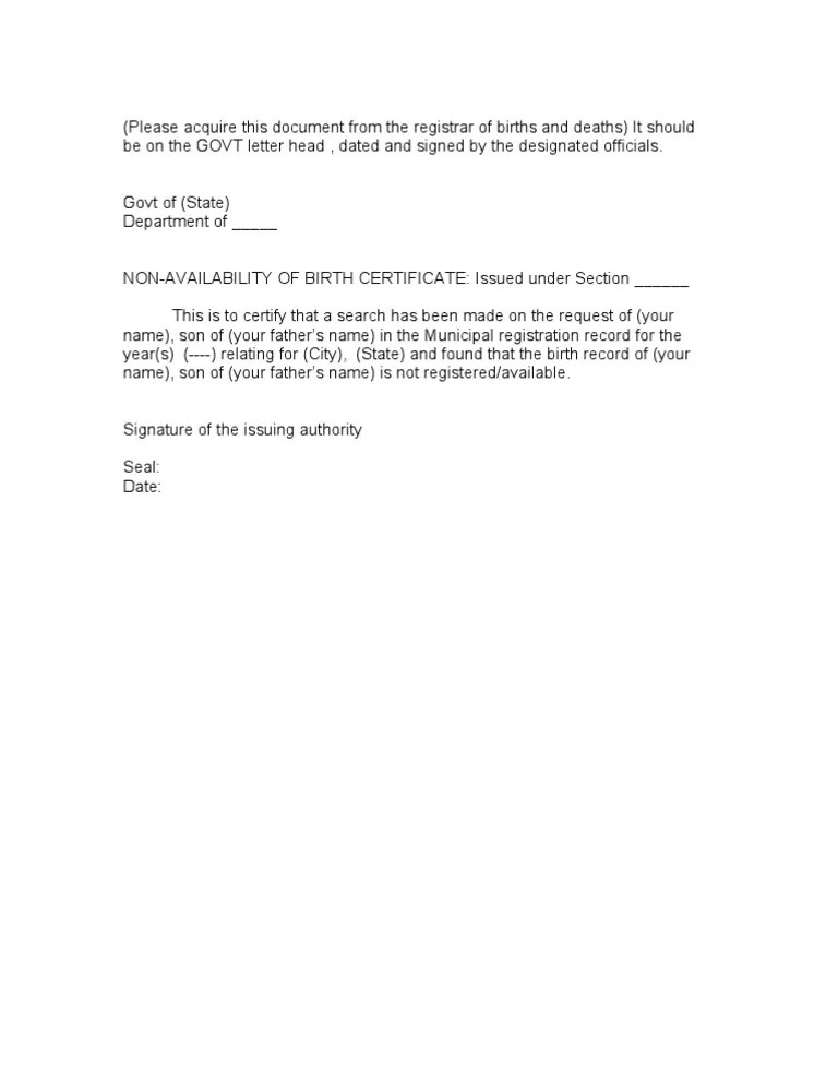 Non Availability of Birth Certificate (Sample)