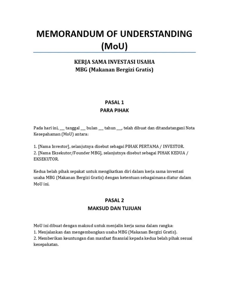 MoU Kerja Sama Usaha MBG | PDF
