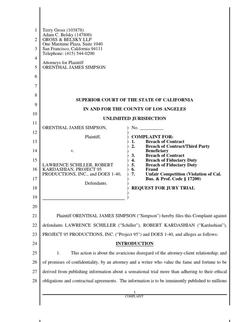 Complaint Breach of Fiduciary Duties Confidentiality Fiduciary