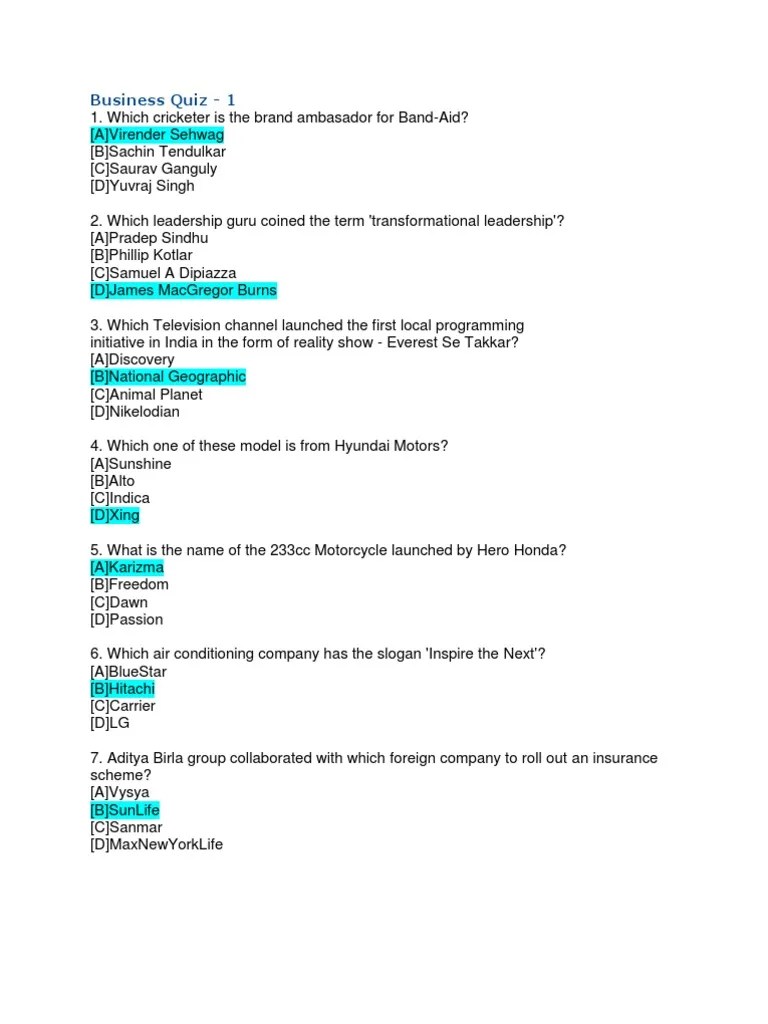 Business Quiz Questions PDF Beverages Business