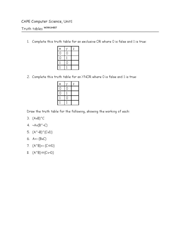Truth Tables Worksheet PDF