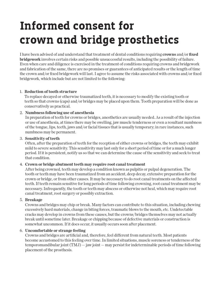 Consent Crown Bridge Pros The Tics PDF Mouth Medicine