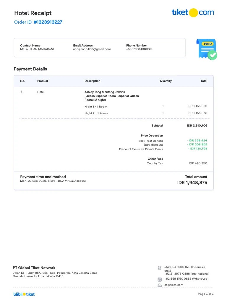 Hotel Booking Receipt for Ashley Tang PDF Payments Business