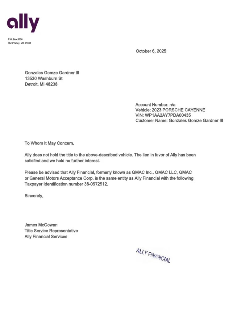Ally Financial Lien Release Letter Pdf