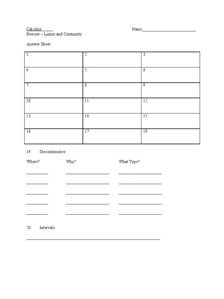 REVIEW Worksheet Limits and Continuity Mathematical Analysis