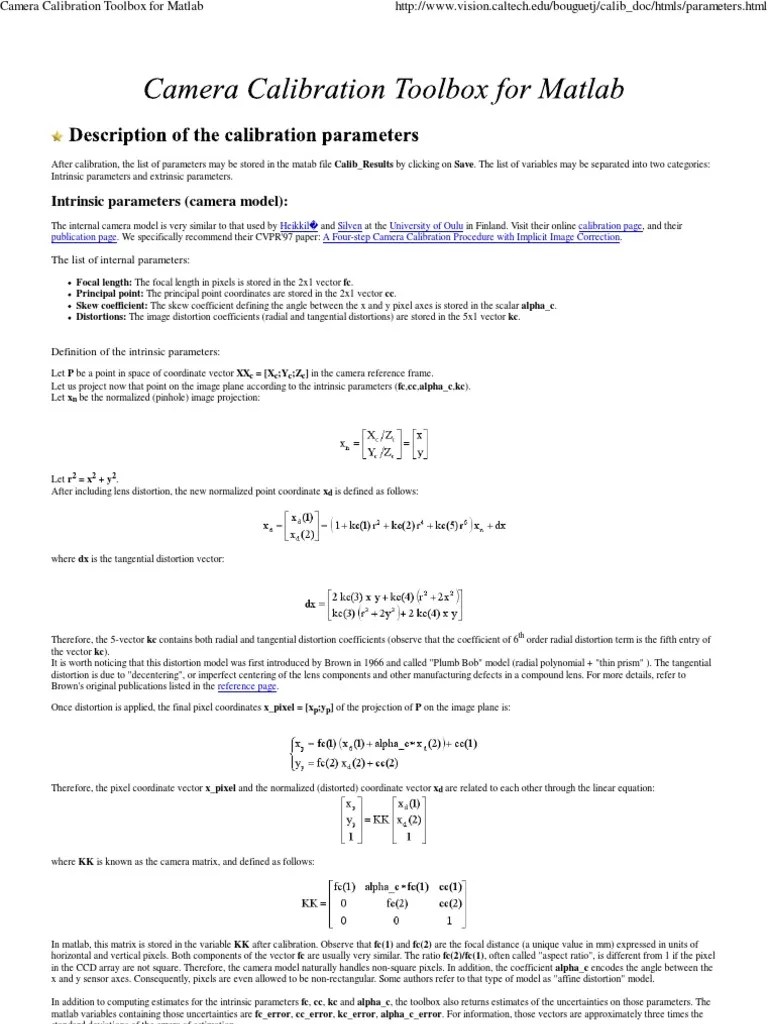 Camera Calibration Toolbox For Matlab PDF Matrix (Mathematics) Pixel