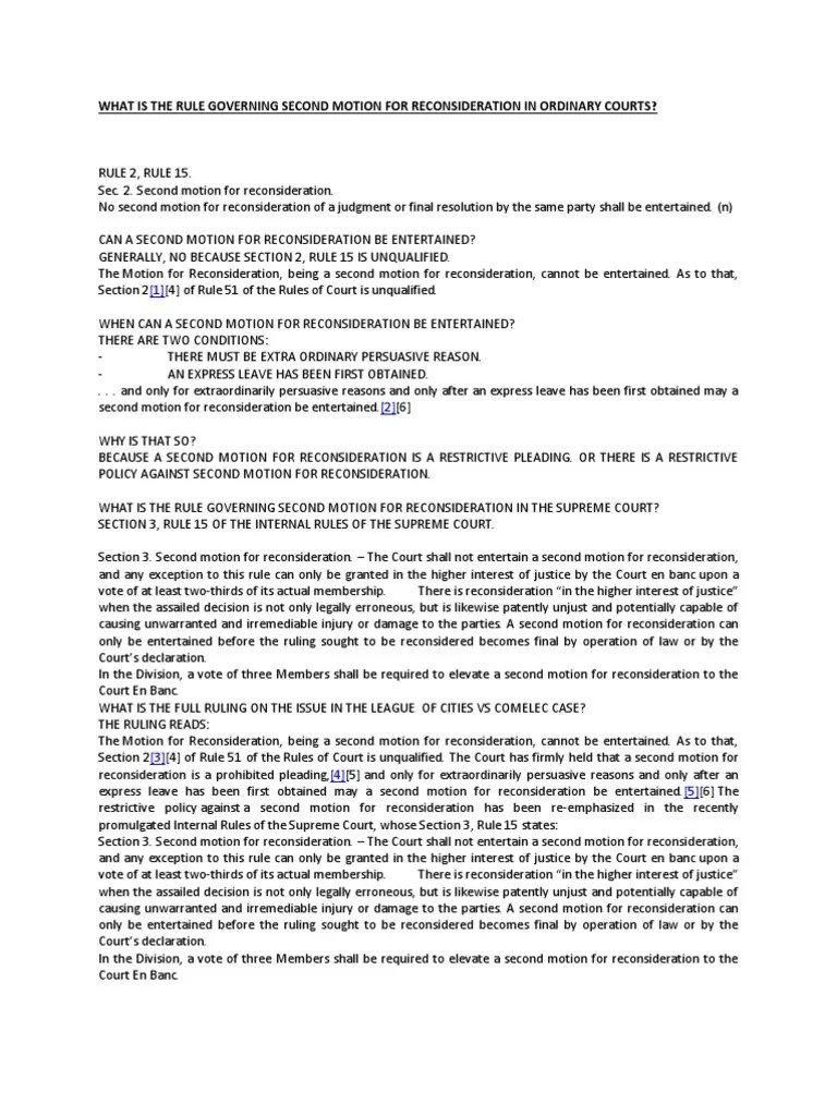 What Is The Rule Governing Second Motion For Reconsideration in