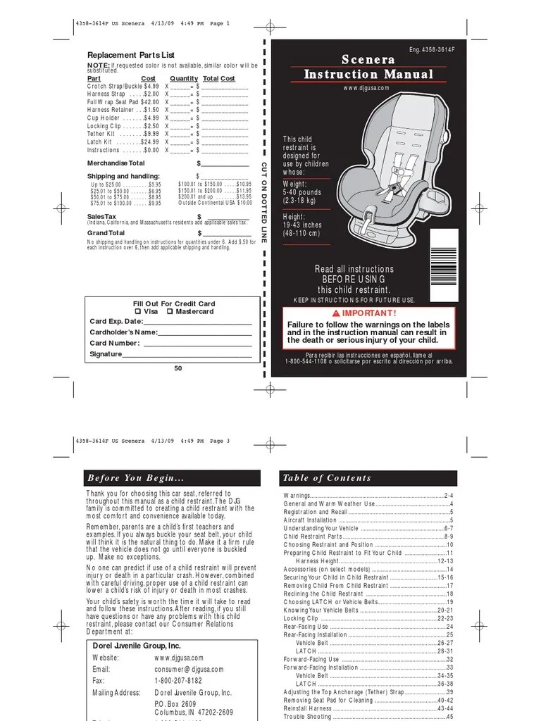 Scenera Instruction Manual Replacement Parts List | PDF | Seat Belt