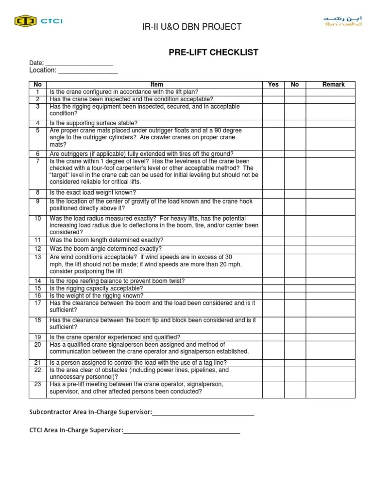 Pre Crane Lift Checklist