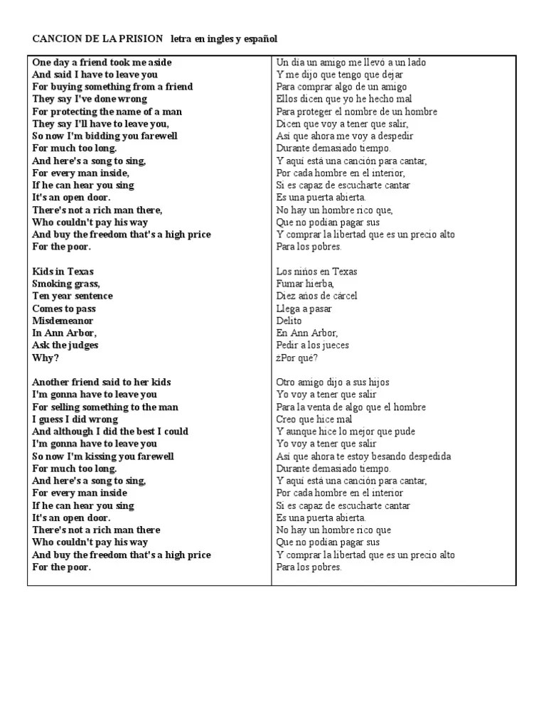 letras de CANCION DE LA PRISION letra en ingles y espaÃ±ol Recorded
