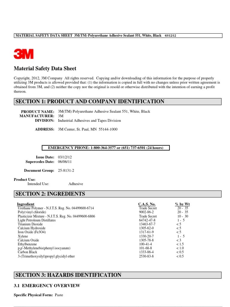 3M Polyurethane Adhesive Sealant Msds PDF Personal Protective