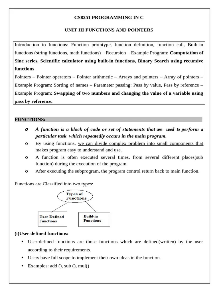 C Functions and Pointers Overview PDF Pointer Programming