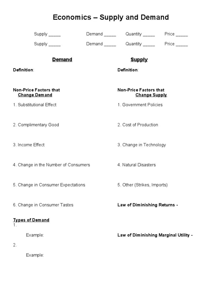 Worksheet Economics Supply and Demand Supply (Economics) Demand