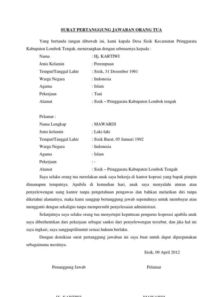 Surat Pertanggung Jawaban Orang Tua
