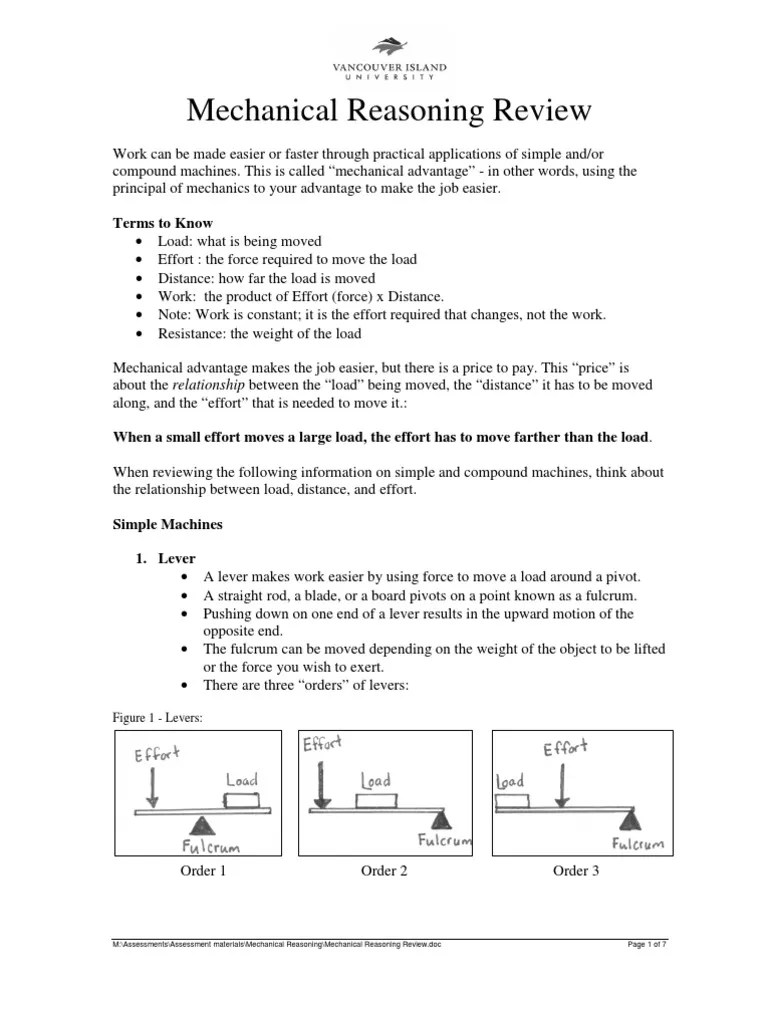 Mechanical Reasoning Review PDF Lever Gear