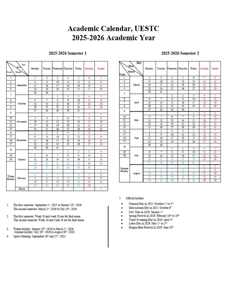 UESTC 20252026 Academic Calendar PDF Academic Term