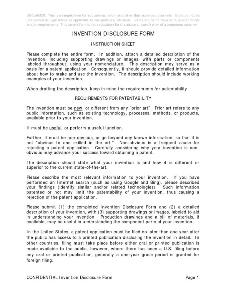 Sample Invention Disclosure Form Patent Patent Application