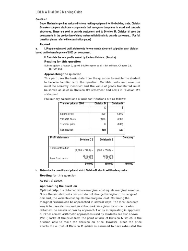 UOL MA Trial 2012 Marking Scheme Profit (Accounting) Management