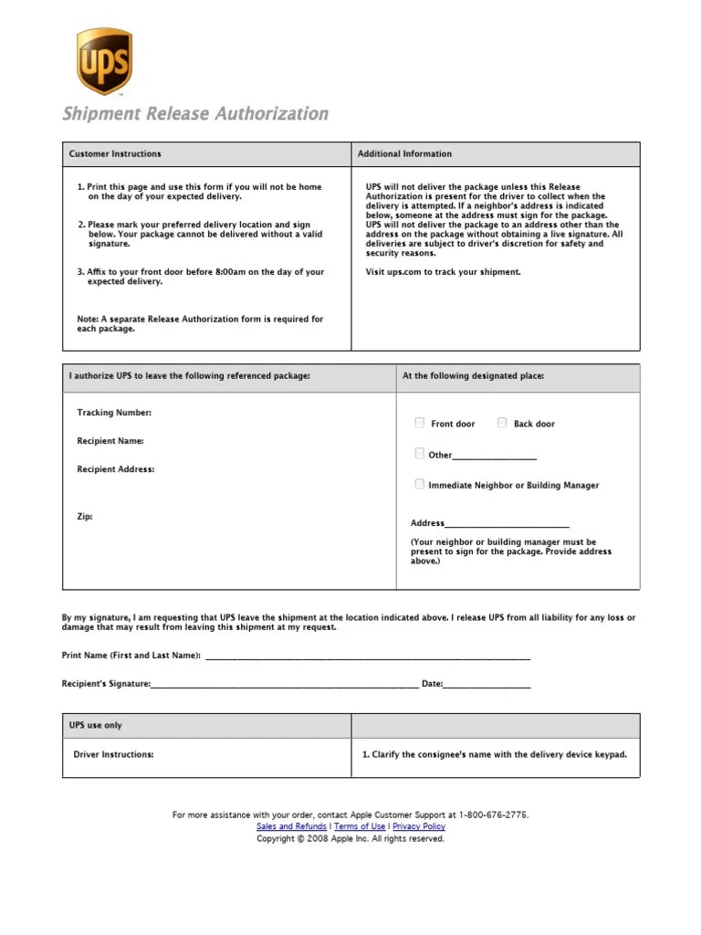 UPS Shipment Release Authorization Form PDF United Parcel Service
