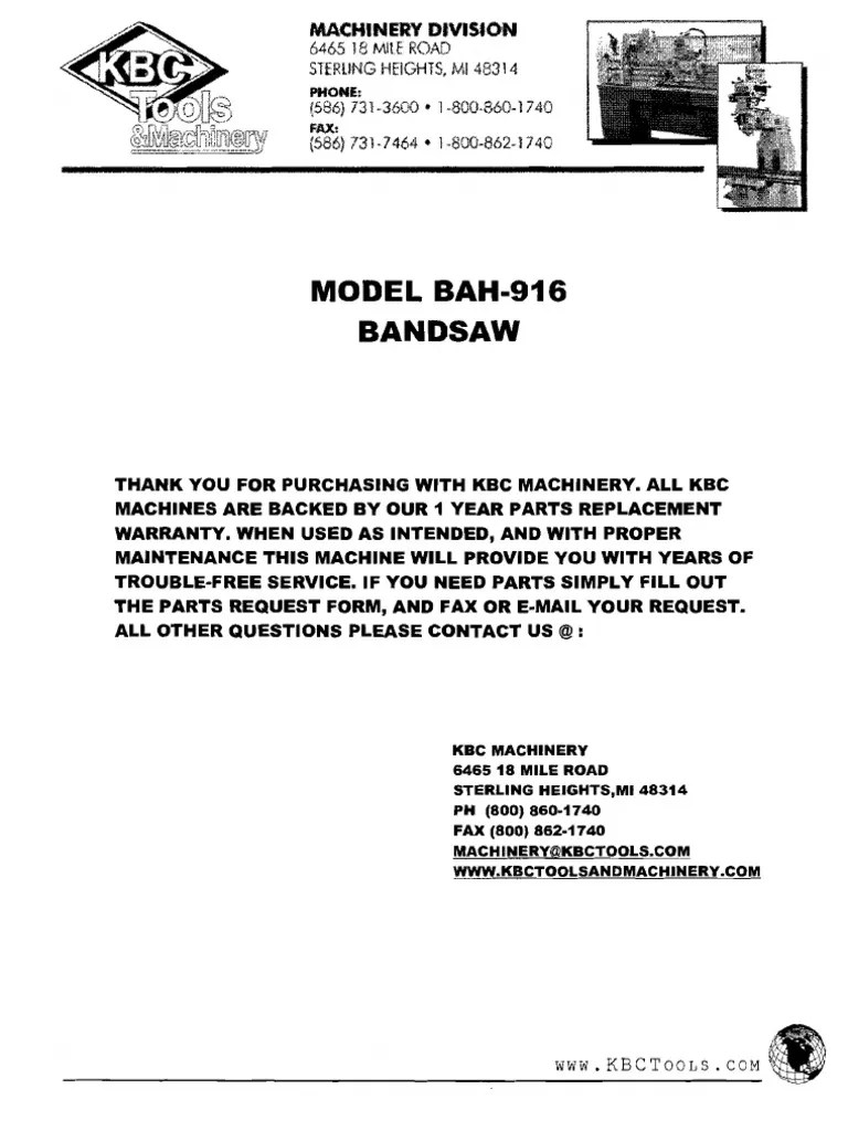 Manual and Parts Request Form for KBC Machinery's Model BAH-916