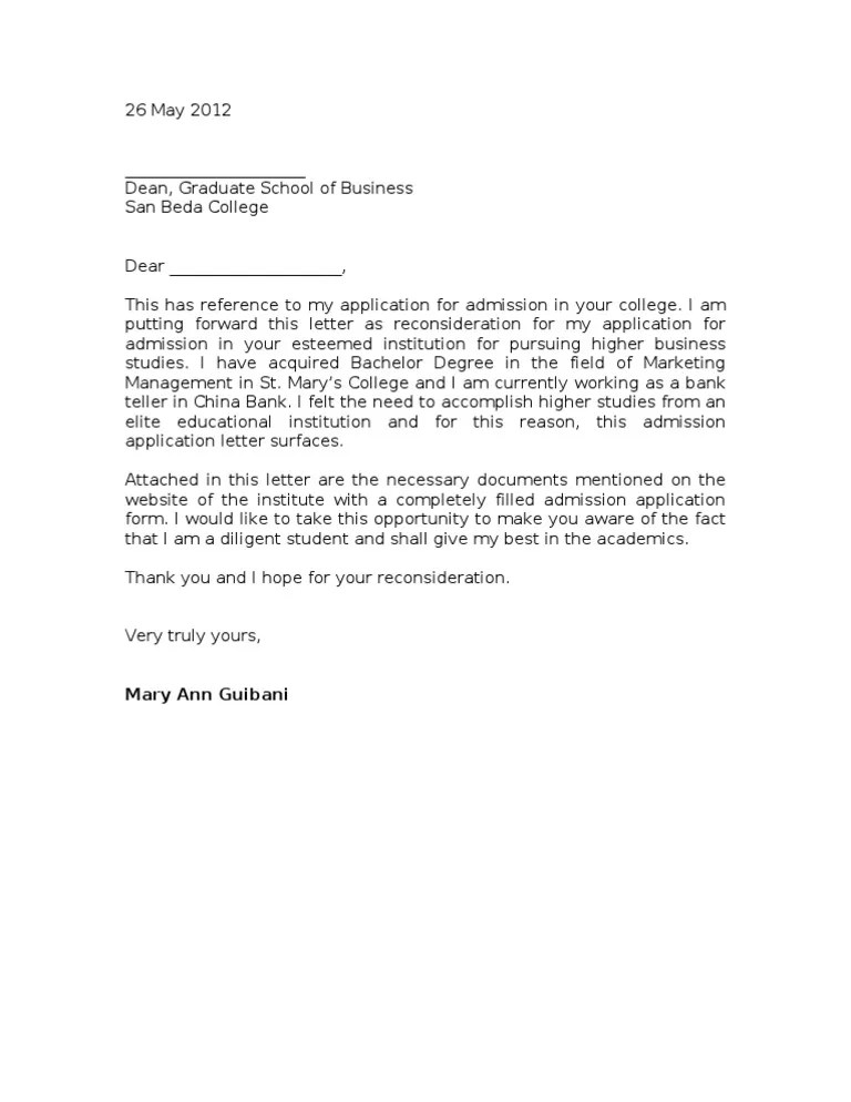 💌 Sample letter of reconsideration for college admission.
