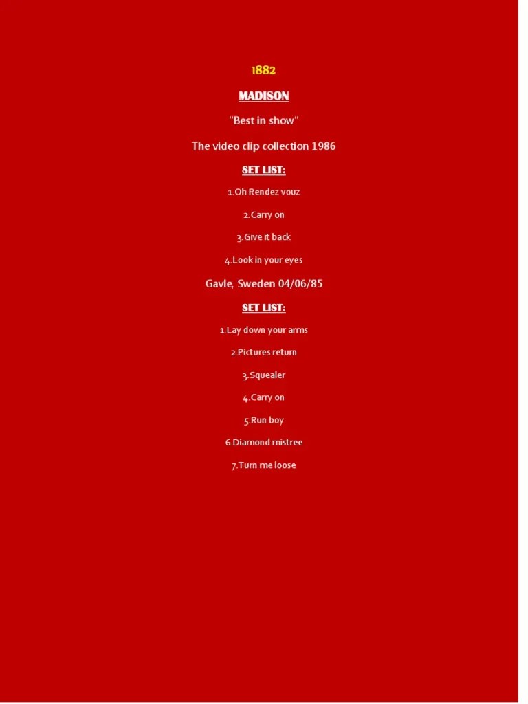 Madison "Best in Show" The Video Clip Collection 1986 Set List PDF