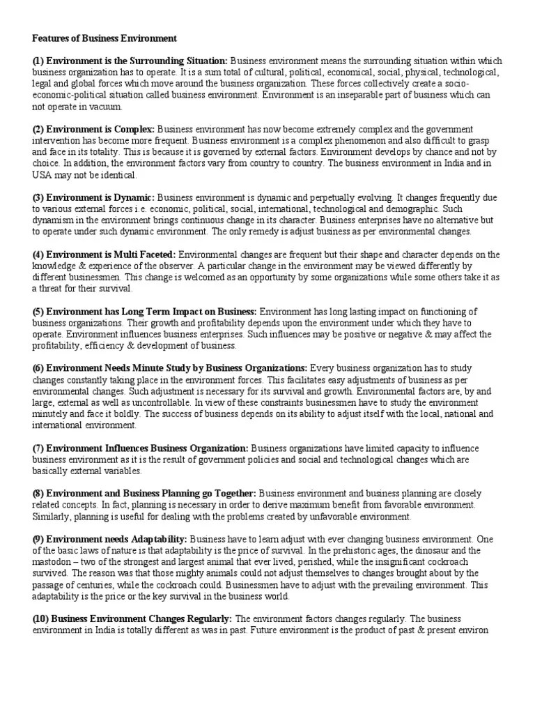 Features of Business Environment Natural Environment Business