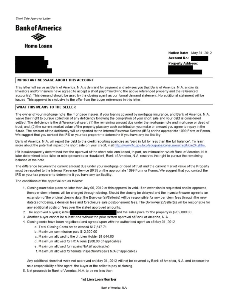 Bofa Approval Letter Short Sale (Real Estate) Mortgage Loan