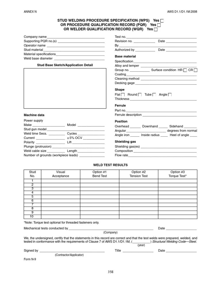 AWS N9 Stud Welding Procedure Specification (WPS) Form